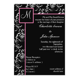 Pink Black Monogram Damask Wedding Invitations 